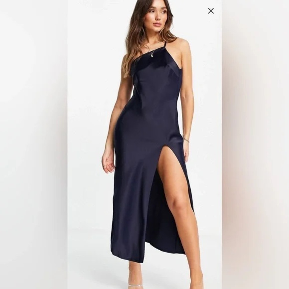 ASOS One Shoulder Midaxi Dress in Satin with Drape Back Navy